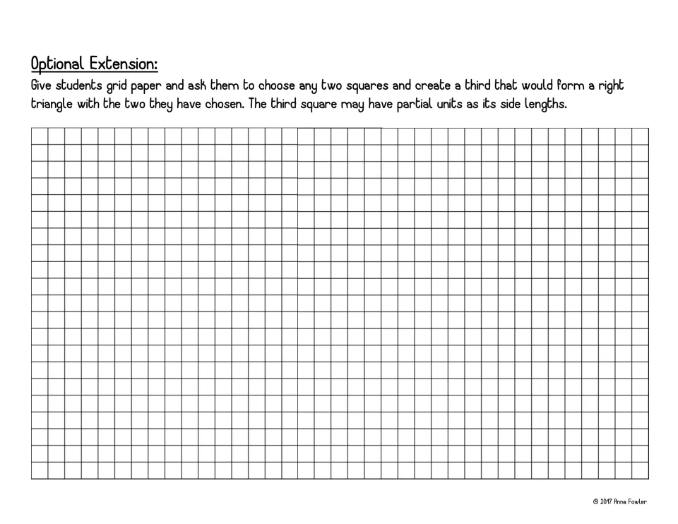 Optional extension: students choose any two squares and draw a third on grid paper so the three form a right triangle