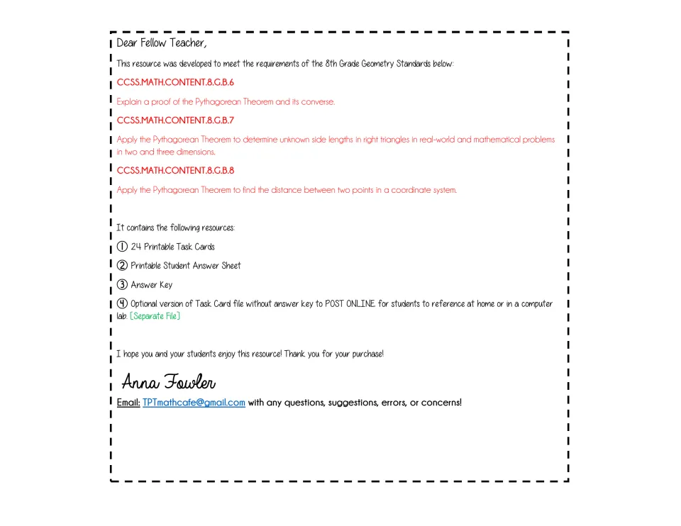 Teacher introduction listing geometry standards 8.G.B.6–8, 24 task cards, an answer sheet, and an answer key