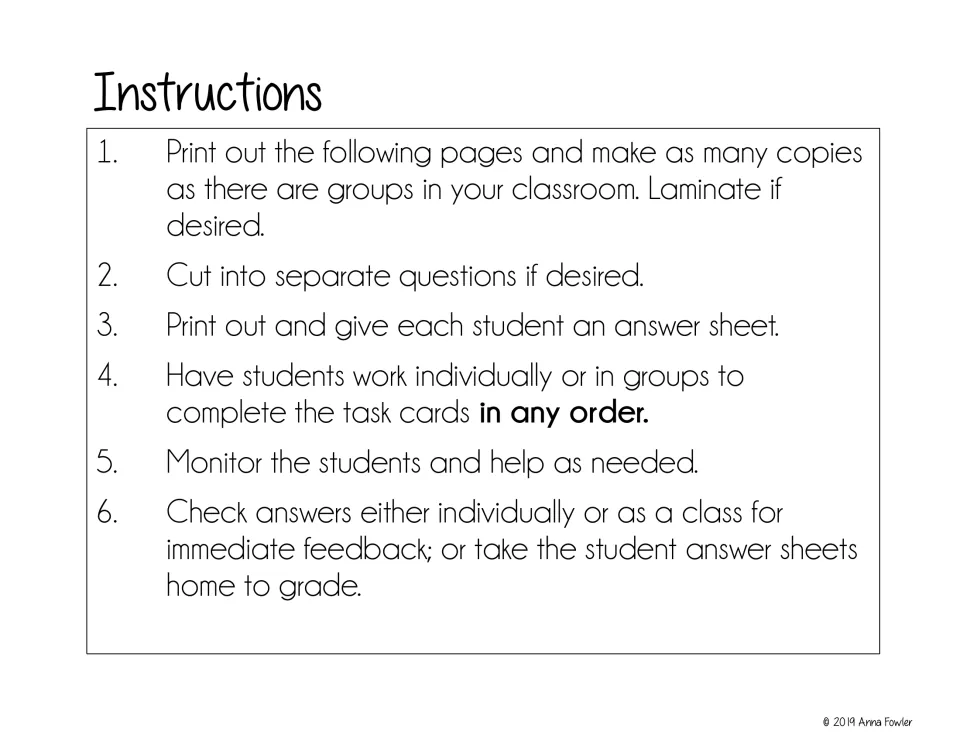 Teacher instructions for printing task cards, giving students answer sheets, and checking completed work