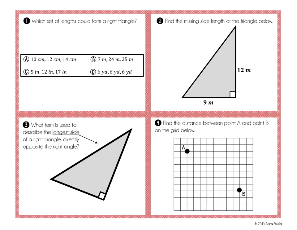 Task cards 1–4: right triangle side sets, a missing side, the hypotenuse, and distance between two points