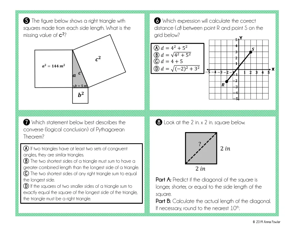 Task cards 5–8: square areas, a coordinate distance expression, the theorem's converse, and a square diagonal