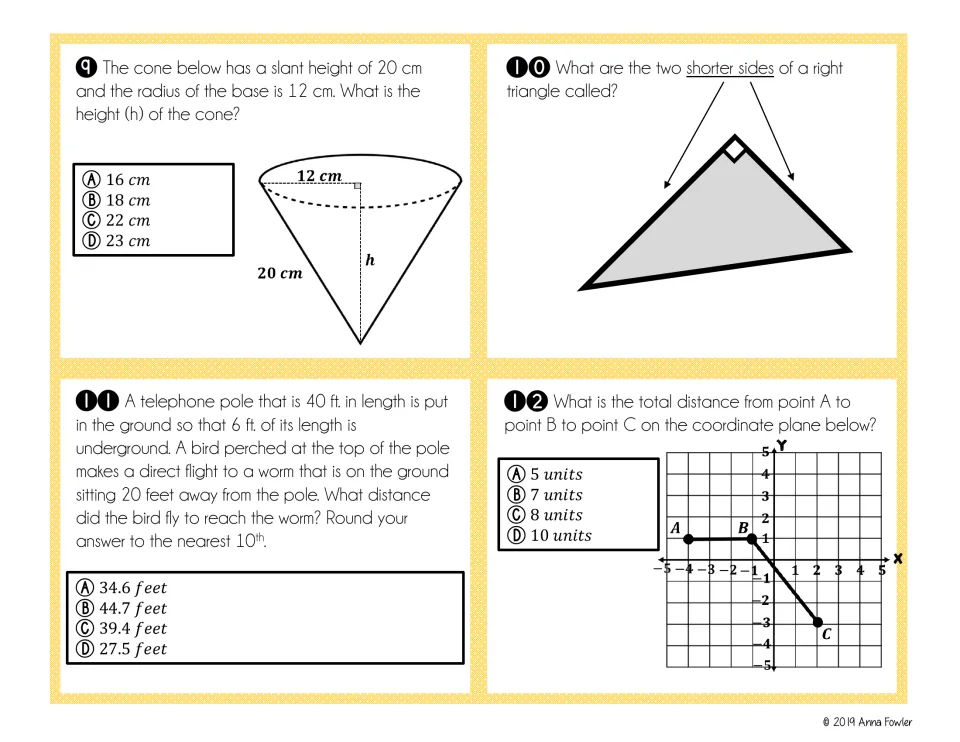 Task cards 9–12: cone height, names of a right triangle's shorter sides, bird flight distance, and a path
