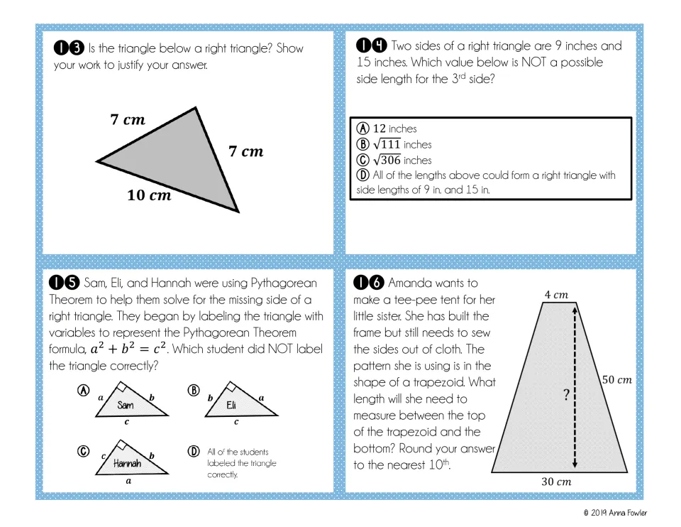 Task cards 13–16: testing a 7–7–10 triangle, possible side lengths, labeling a² + b² = c², and tent height