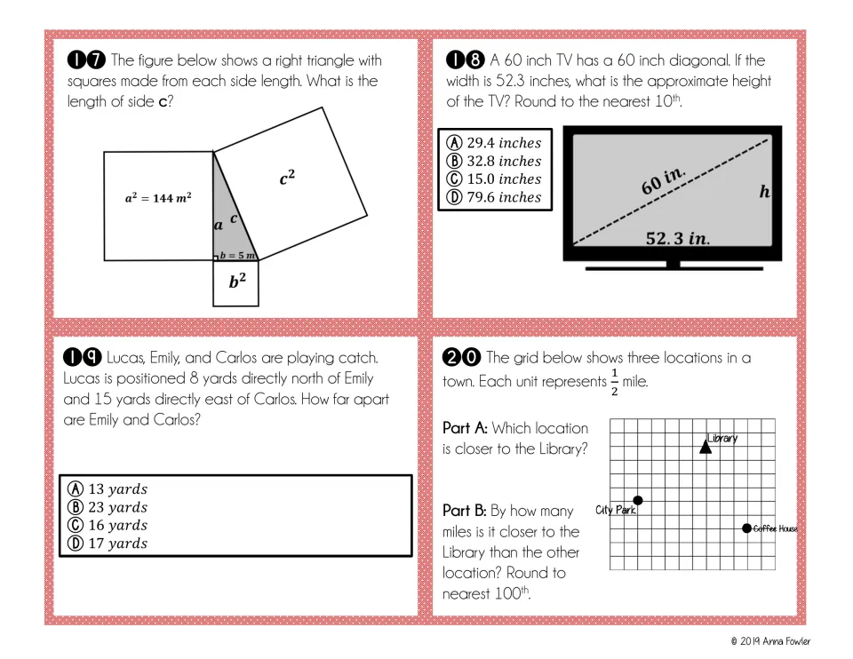 Task cards 17–20: finding side c, TV height, distance between players, and distances to a town library