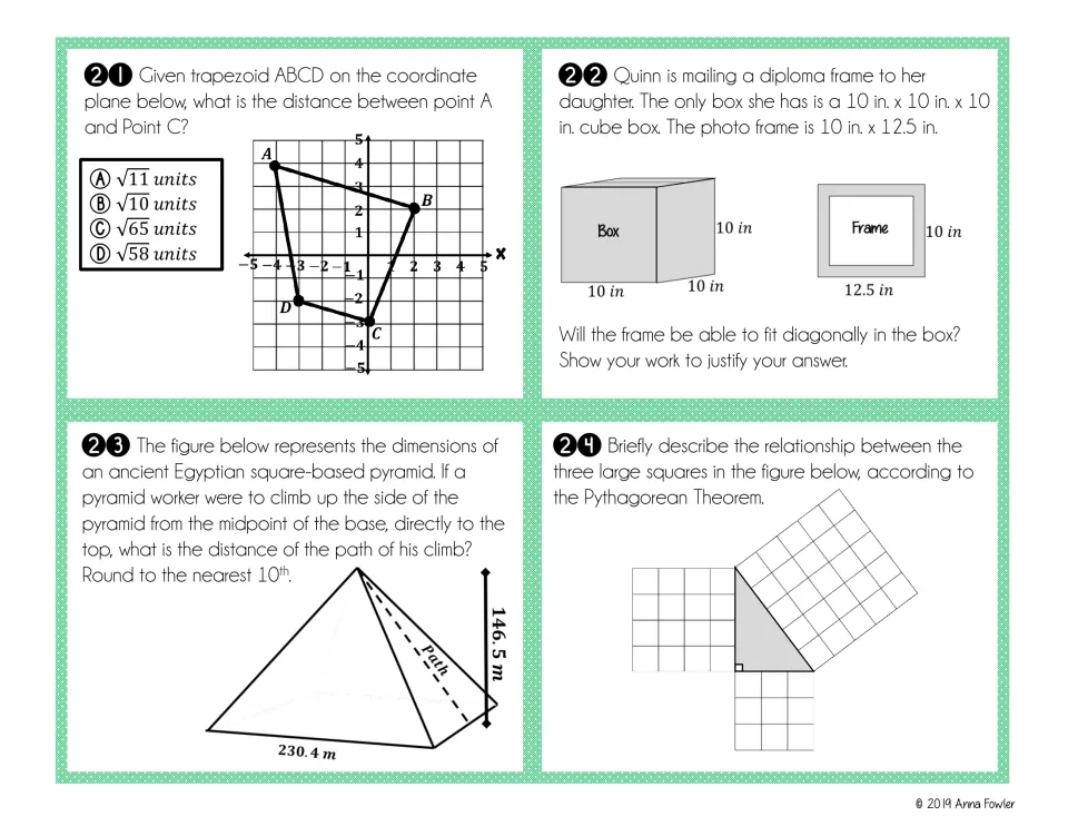 Task cards 21–24: a trapezoid diagonal, fitting a frame in a box, a pyramid climb, and areas of squares