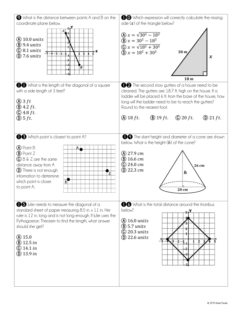 Questions 9-16: students find coordinate distances, a square's diagonal, a ladder length, cone height and rhombus perimeter