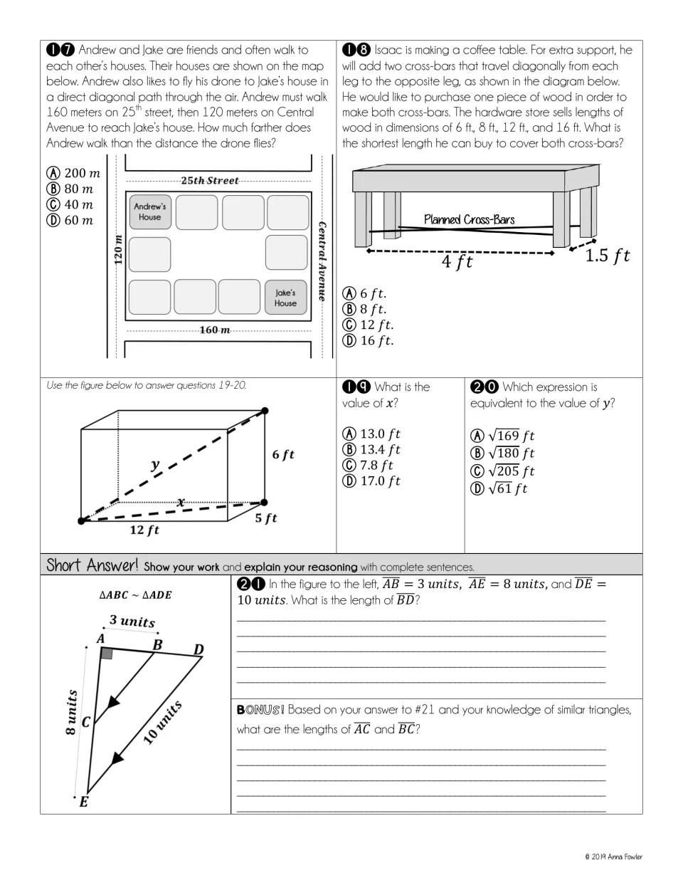Questions 17-21: map and table word problems, a box diagonal in 3D, and a similar-triangle short answer with a bonus part