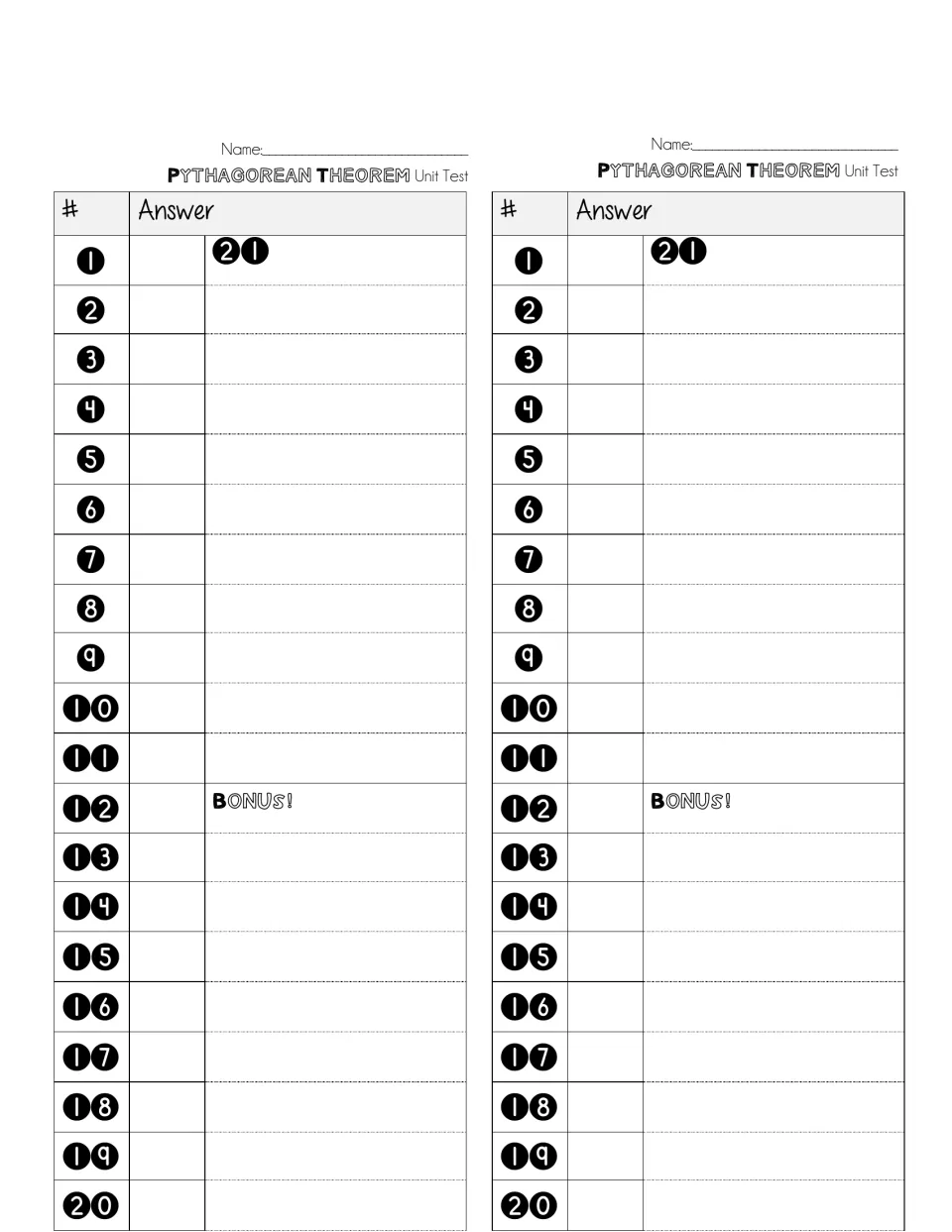 Student recording sheet, two per page: answer spaces for items 1-20 plus room for written work on question 21 and the bonus