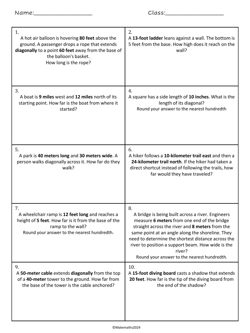Pythagorean theorem problems 1-10: students find missing sides for a balloon rope, ladder, boat, ramp, cable and more