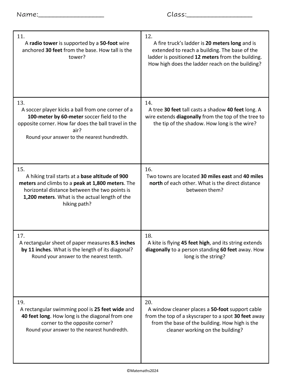 Right triangle word problems 11-20: students solve for a tower height, soccer field diagonal, kite string and pool diagonal
