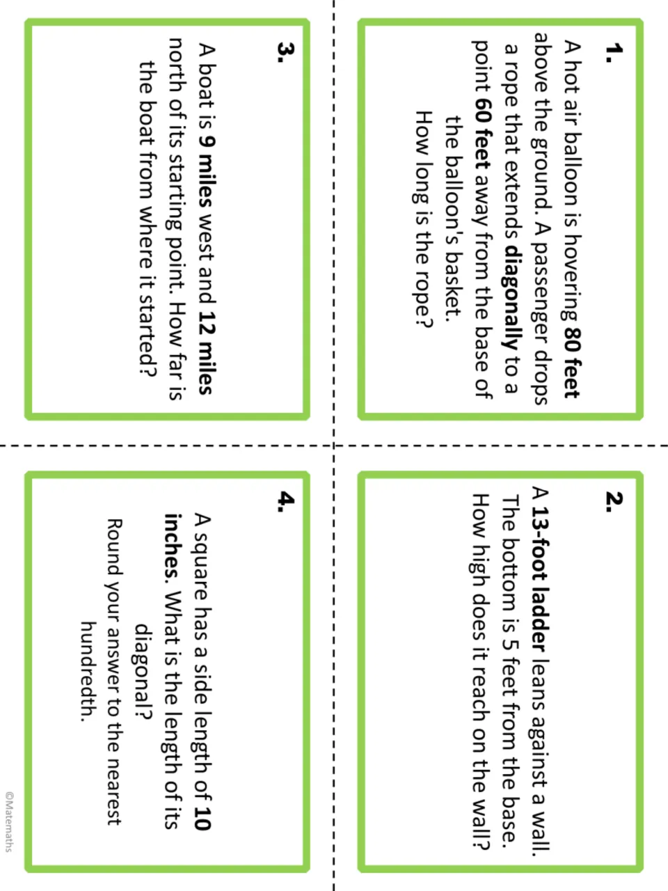 Pythagorean task cards 1-4: students solve hot air balloon rope, 13-foot ladder, boat distance and square diagonal problems