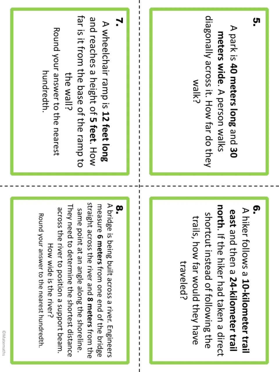 Task cards 5-8: students find the park diagonal, hiker shortcut, wheelchair ramp base and river width using right triangles