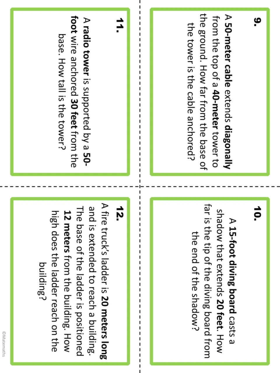 Task cards 9-12: solve for cable anchor distance, diving board shadow, radio tower height and fire truck ladder reach
