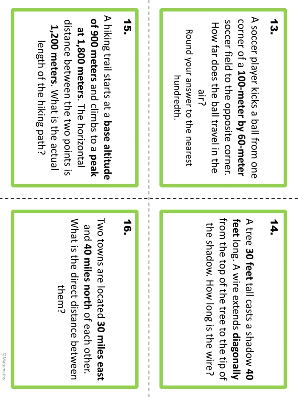 Task cards 13-16: find the soccer field diagonal, tree shadow wire, hiking path length and distance between two towns