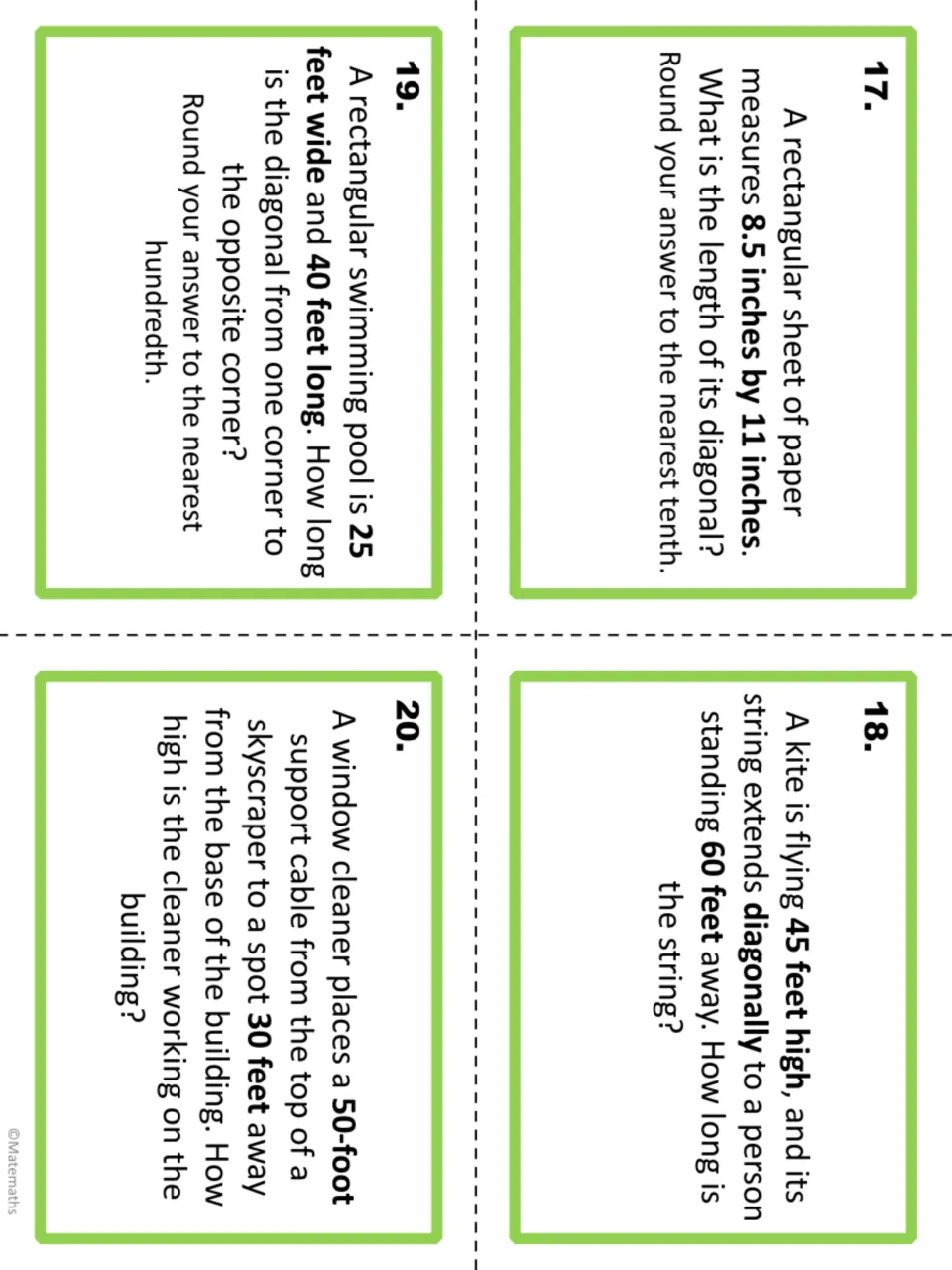 Task cards 17-20: students calculate a paper sheet diagonal, kite string, pool diagonal and window cleaner height