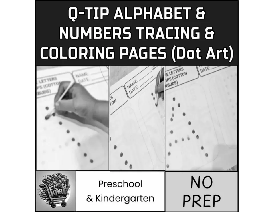 Cover for Q-tip alphabet and numbers tracing and coloring dot art pages, with photos of a child dabbing dots on letter A