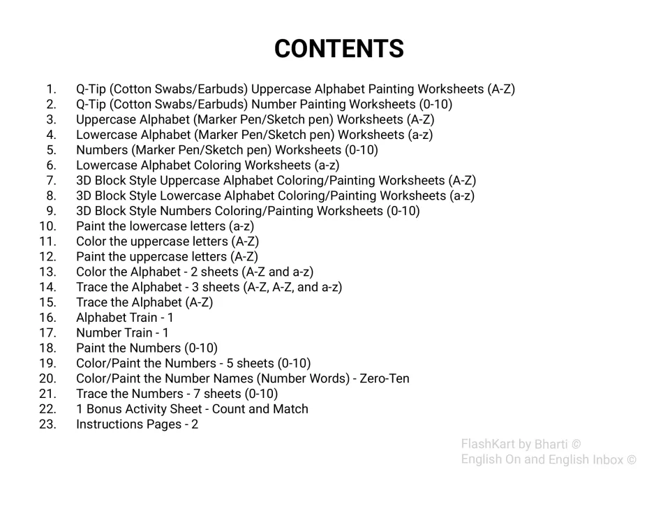 Contents of 23 sections: Q-tip letter and number painting, marker, 3D block, tracing, train and count-and-match sheets