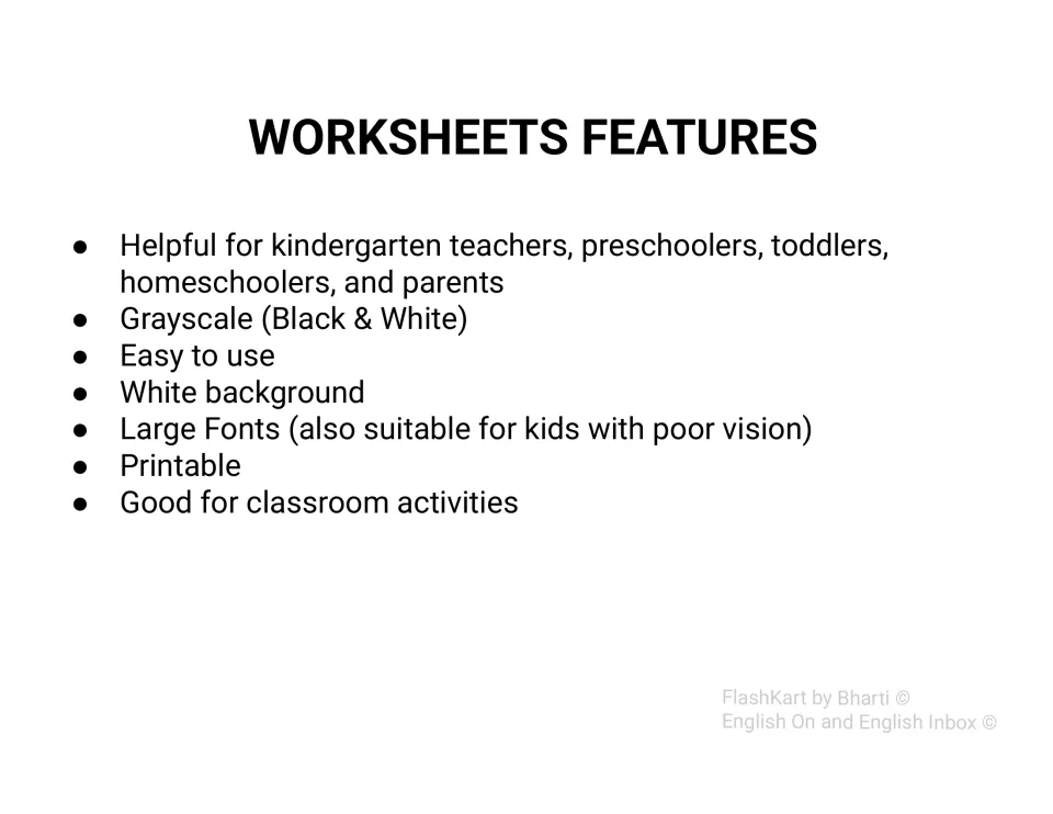 Worksheet features list: grayscale black and white printables on a white background with large fonts for young children