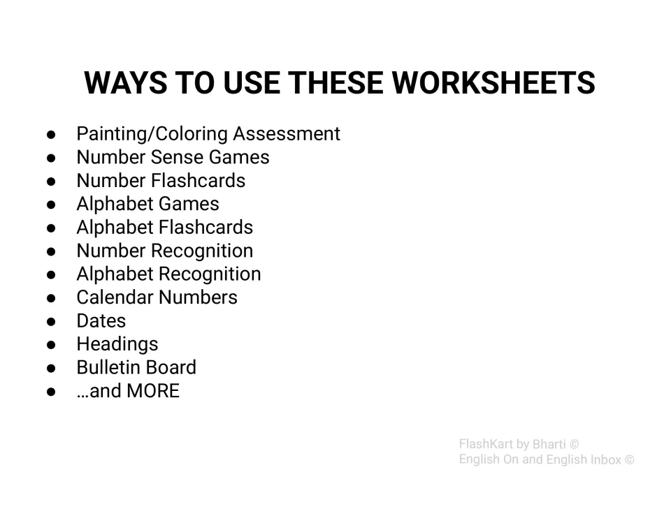 Ways to use: alphabet and number flashcards, recognition games, calendar numbers, dates, headings and bulletin boards
