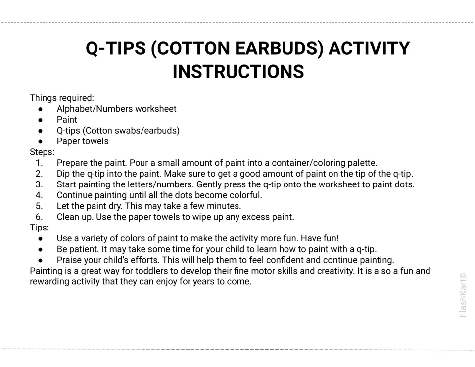 Q-tip painting instructions: gather paint, Q-tips and paper towels, then dip and press dots onto each letter or number