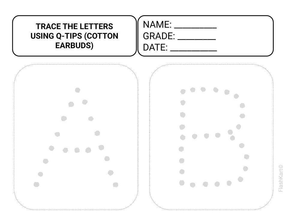 Trace the letters A and B using Q-tips: children dab paint on each gray dot to form the uppercase letter shapes