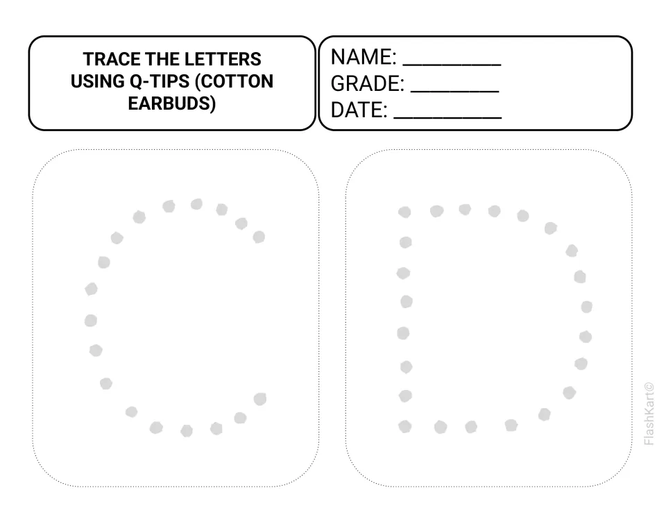 Uppercase C and D dot tracing: children press a paint-dipped Q-tip onto each gray dot to form the curved letters