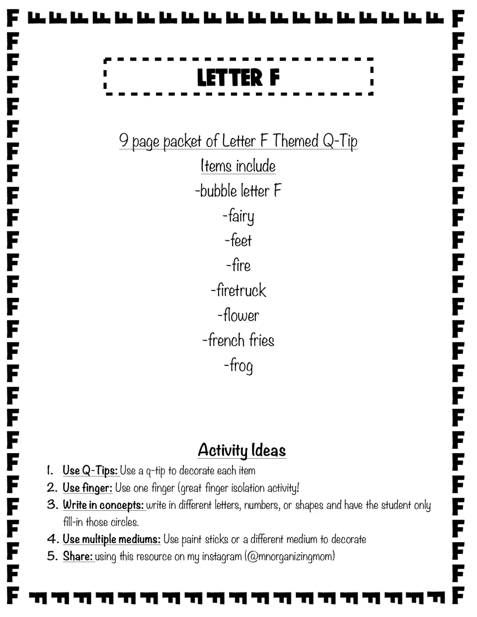 Letter F title page listing 9 Q-tip pages (fairy, feet, fire, fire truck, flower, fries, frog) plus 5 activity ideas