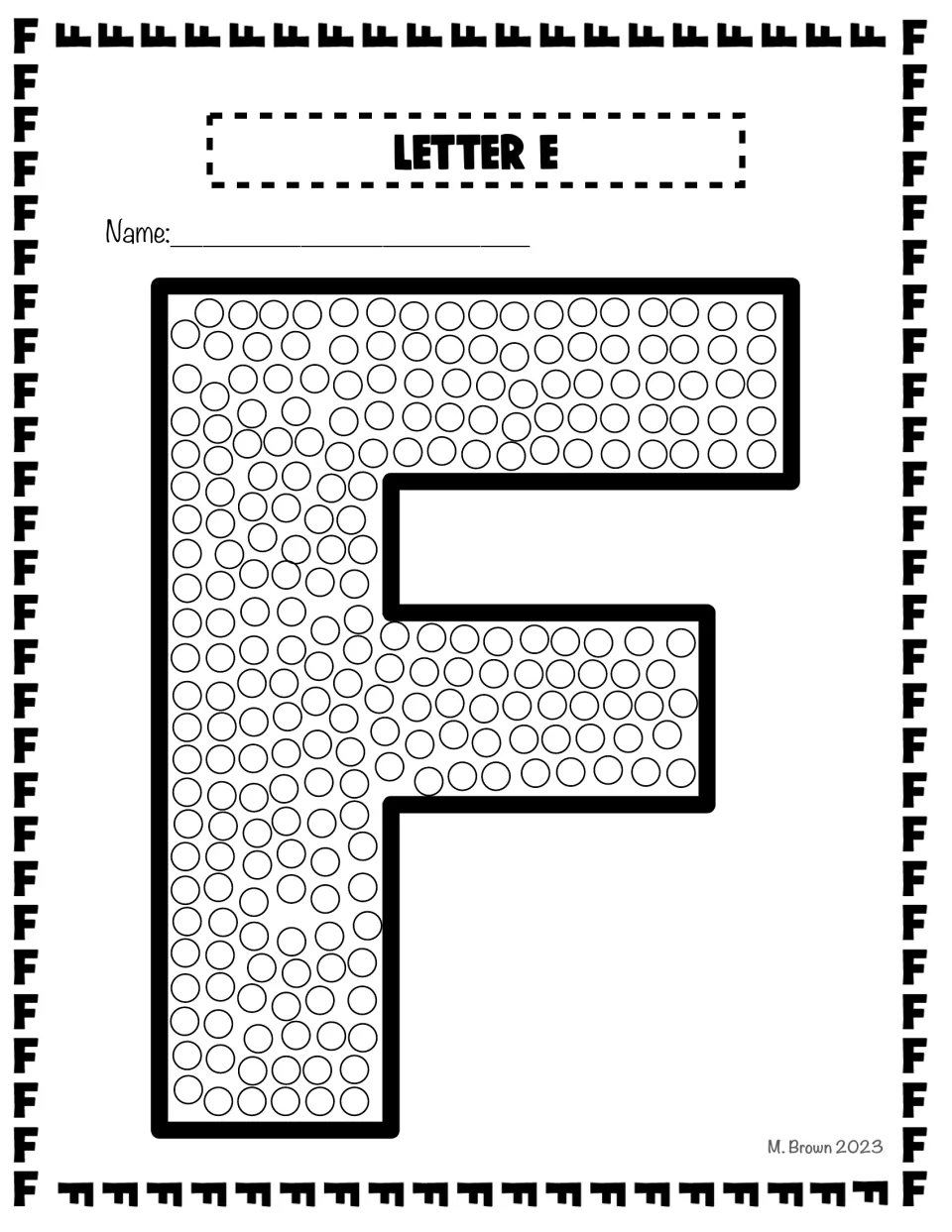 Bubble capital F filled with small circles for students to dot with a Q-tip; heading mistakenly reads Letter E