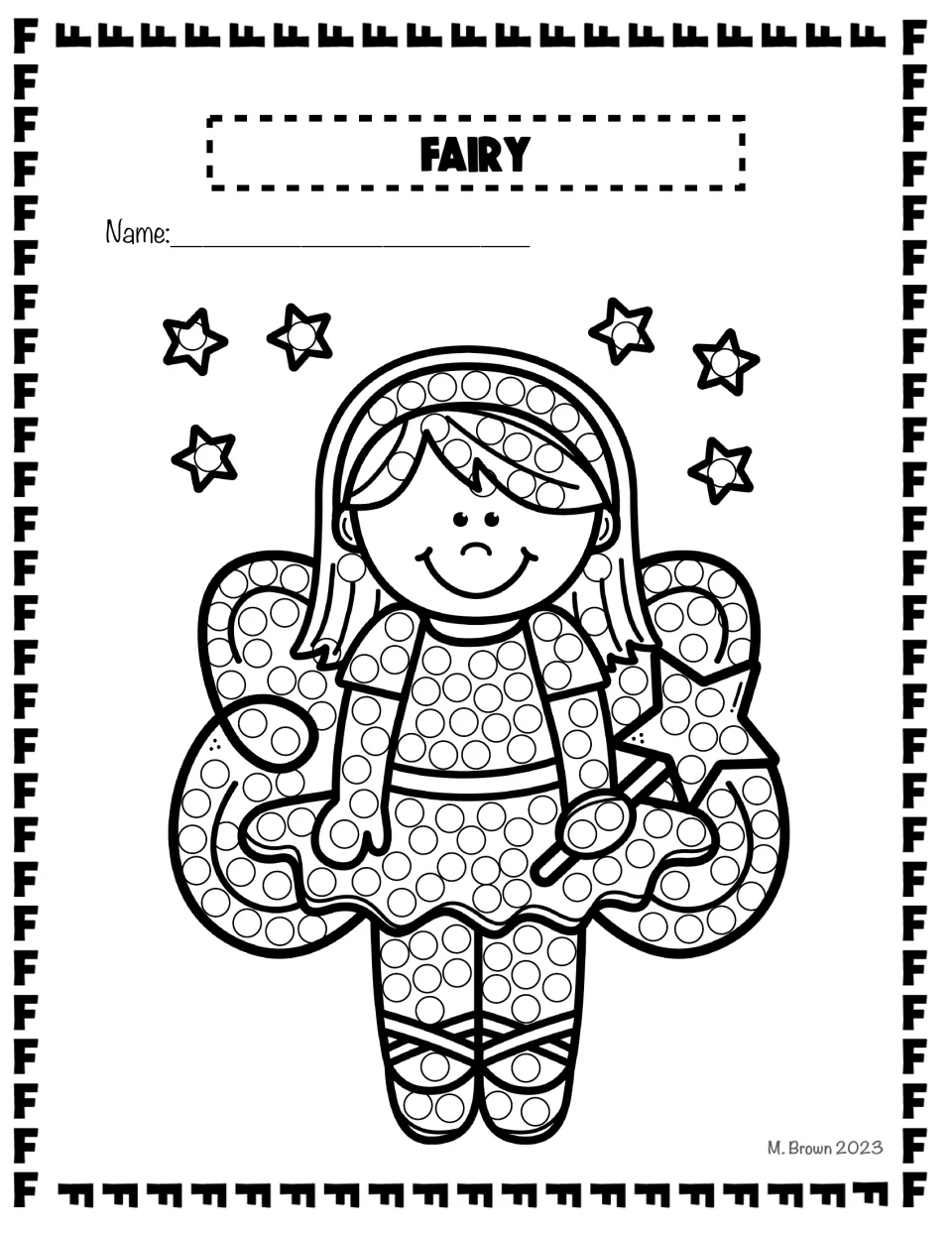 Fairy dot page: students press a Q-tip into each circle on a fairy's dress, wings and legs, with stars around her