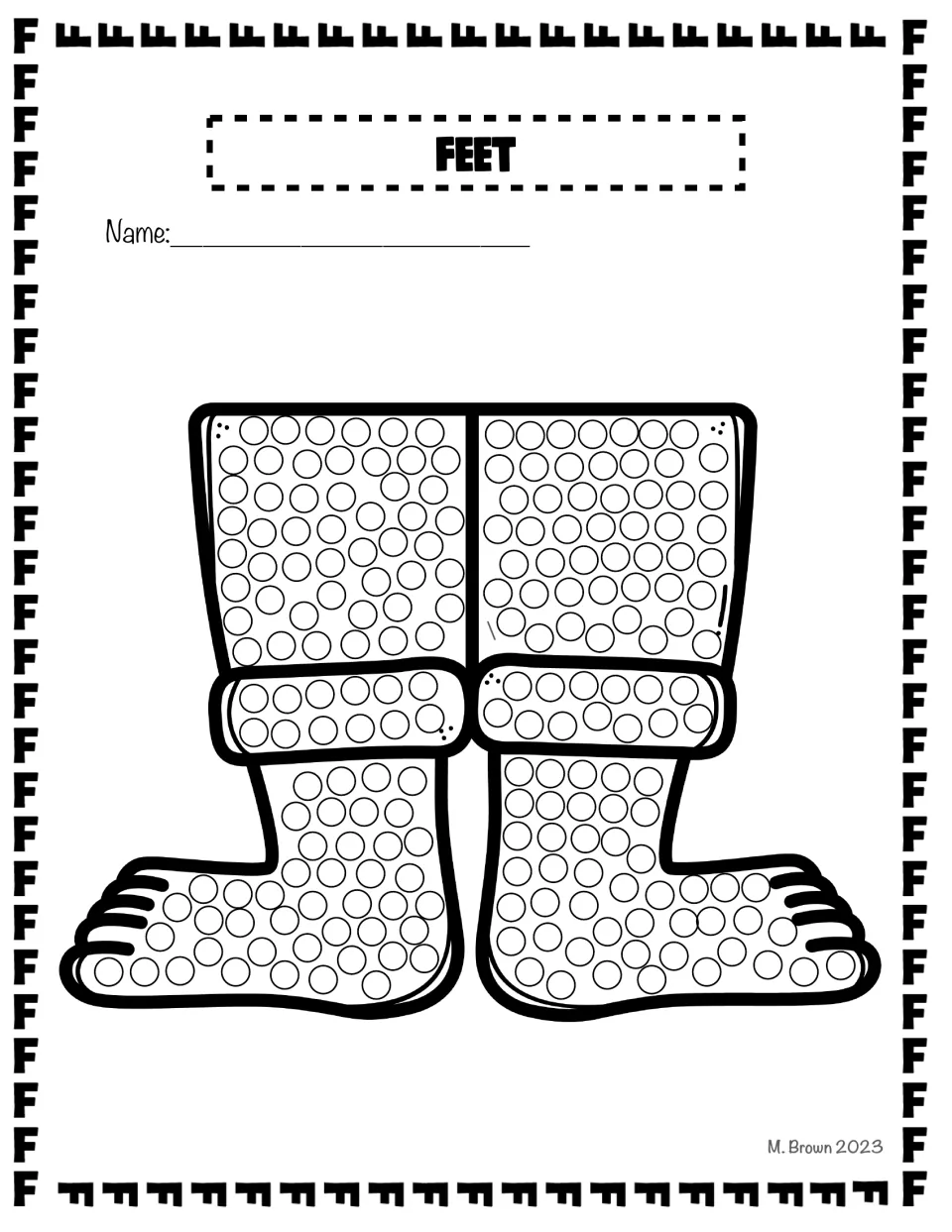Feet dot page: two bare feet with cuffed legs filled with circles for students to dab one by one with a Q-tip