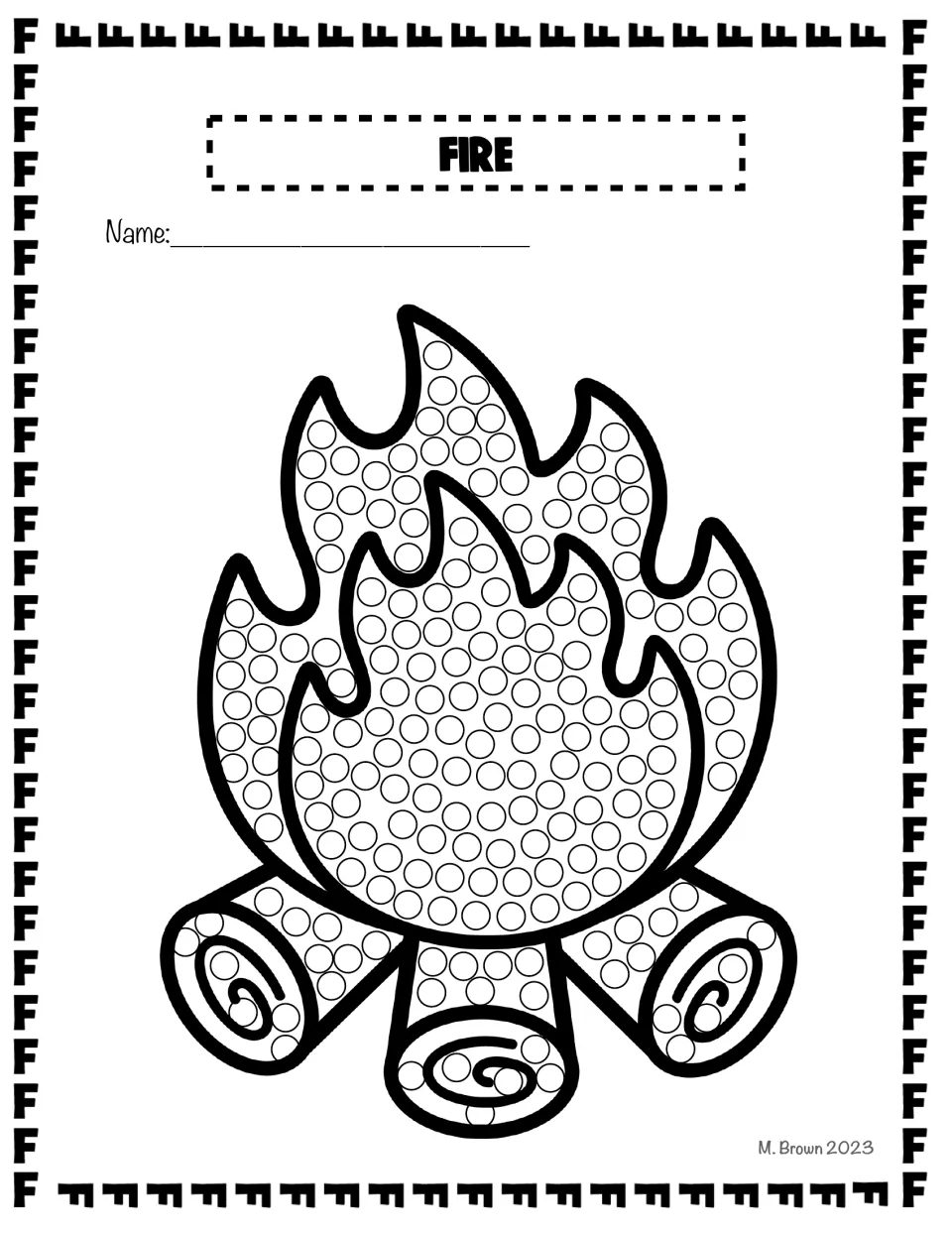 Fire dot page: students dab a Q-tip into each circle in the flames and three logs of a campfire picture