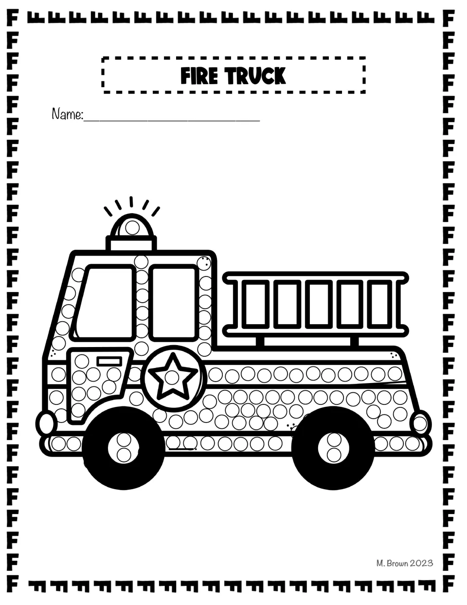 Fire truck dot page: circles run along the cab, body and bumper of a fire truck with a ladder for Q-tip dotting