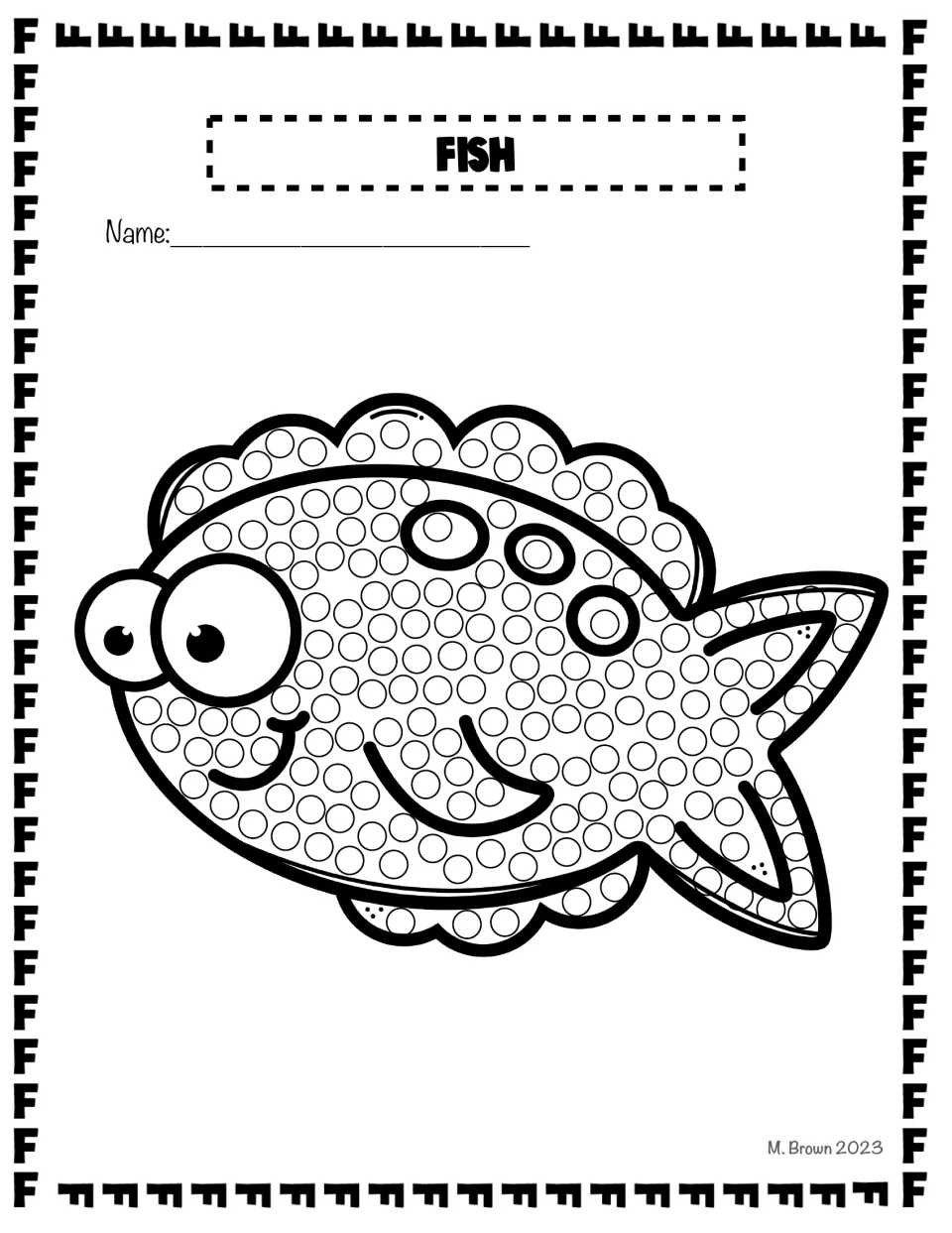 Fish dot page: a smiling fish with big eyes and wavy fins is filled with circles for students to dab with a Q-tip