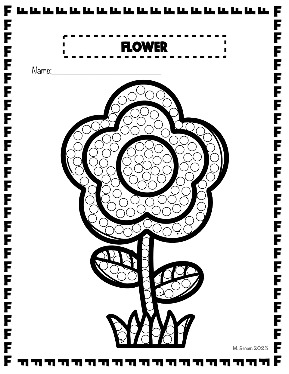Flower dot page: students dab circles in the center, petals, stem, leaves and grass of a large flower using a Q-tip