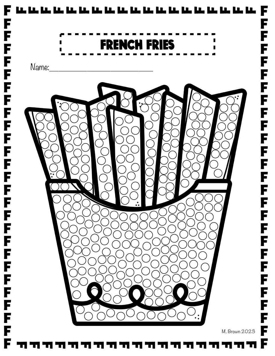 French fries dot page: circles fill the fries and carton for students to dot one at a time with a Q-tip