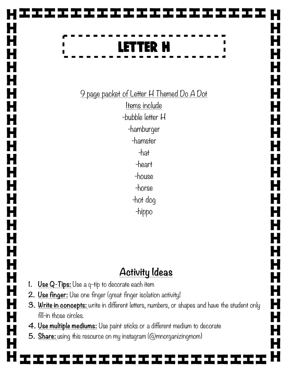 Letter H packet introduction lists nine dot-art subjects and ideas for using Q-tips, fingers, and paint sticks.