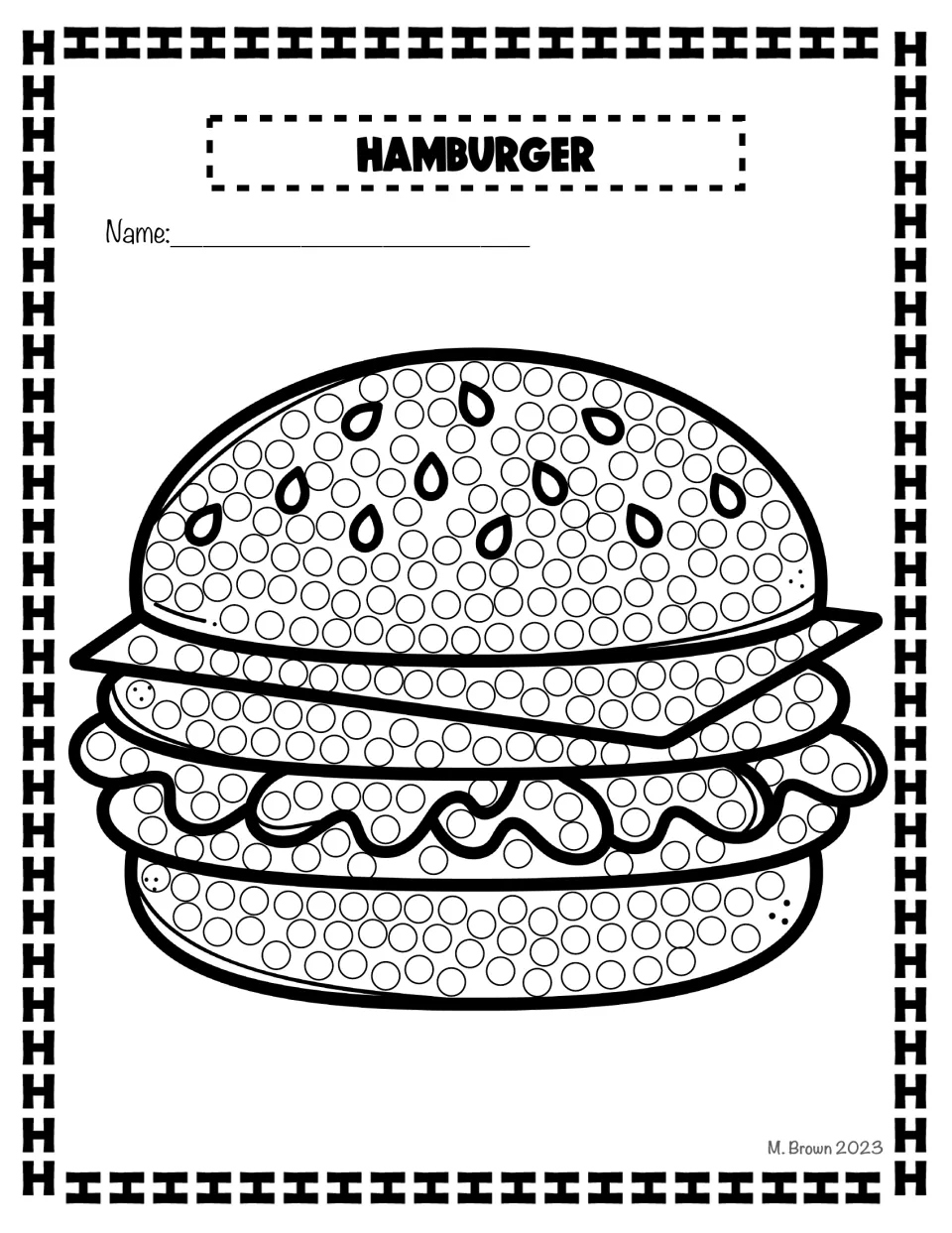Hamburger Q-tip art activity in the letter H packet features a labeled hamburger filled with circles.