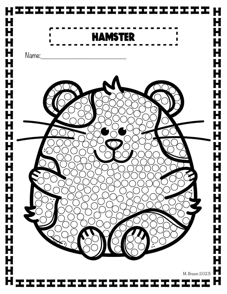 Hamster Q-tip art activity in the letter H packet features a labeled hamster filled with circles to decorate.