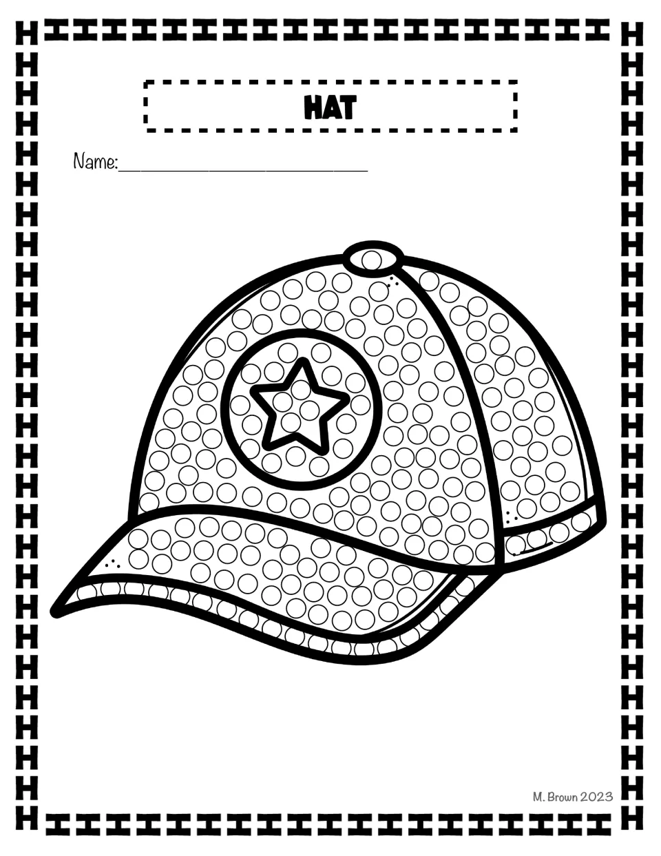 Hat Q-tip art activity in the letter H packet features a labeled baseball cap filled with circles to decorate.
