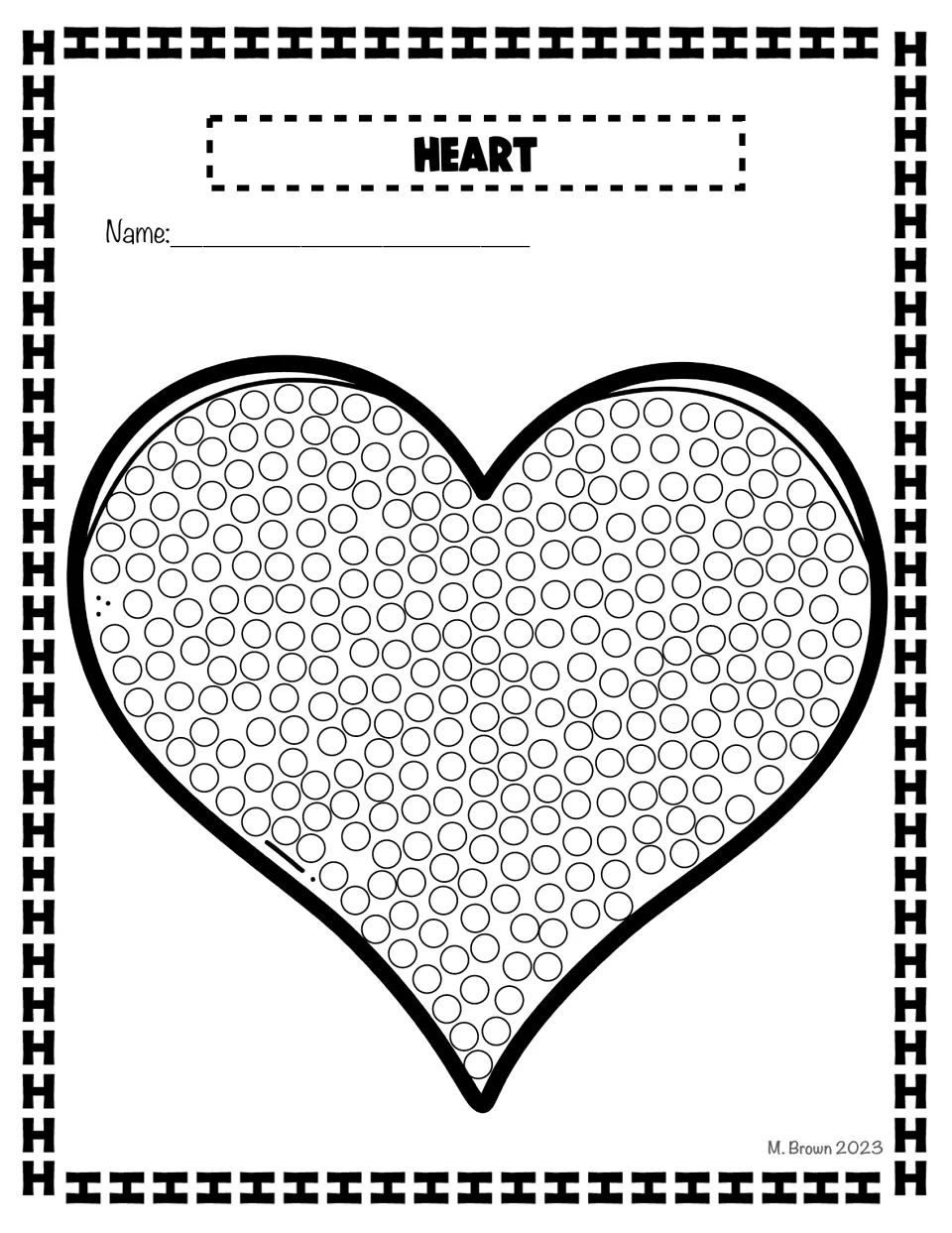 Heart Q-tip art activity in the letter H packet features a large heart filled with circles to decorate.
