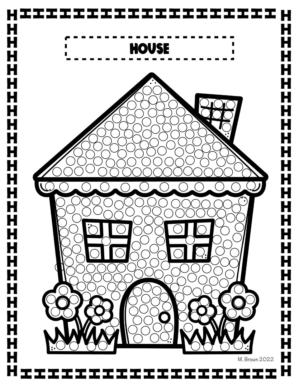 House Q-tip art activity in the letter H packet features a labeled house filled with circles to decorate.