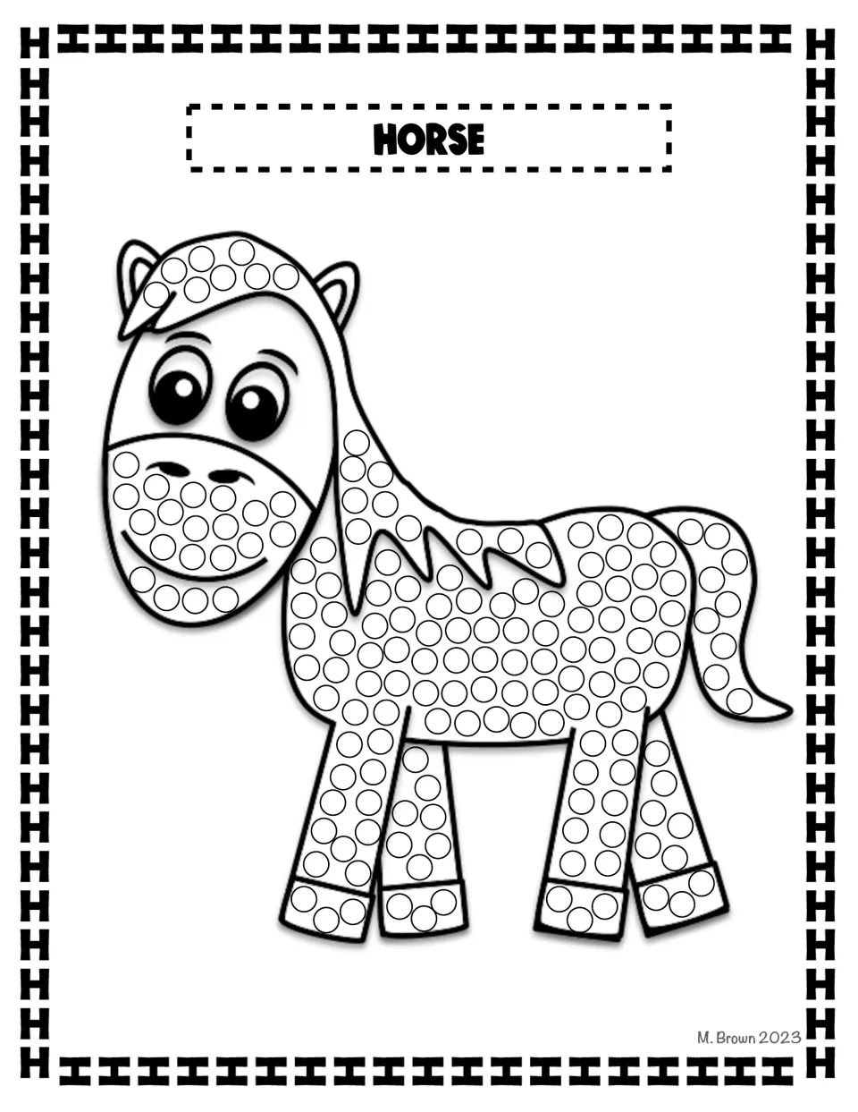 Horse Q-tip art activity in the letter H packet features a labeled horse filled with circles to decorate.
