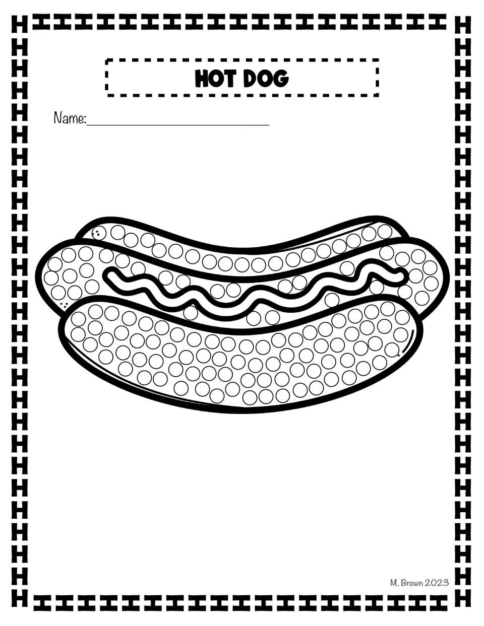 Hot dog Q-tip art activity in the letter H packet features a hot dog in a bun filled with circles to decorate.