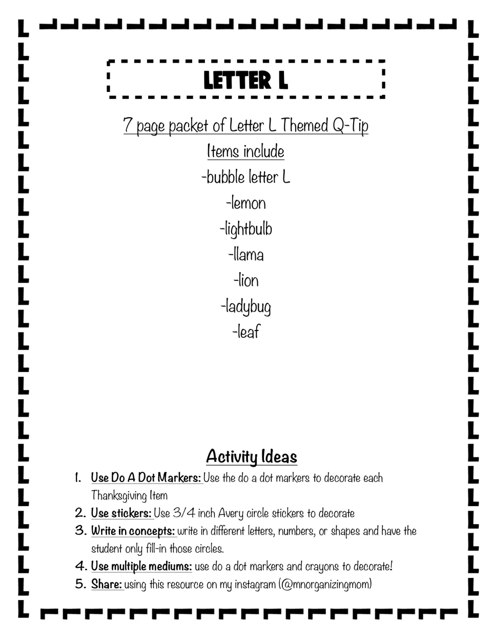 Letter L Q-tip packet overview listing lemon, lightbulb, llama, lion, ladybug and leaf pages plus five activity ideas