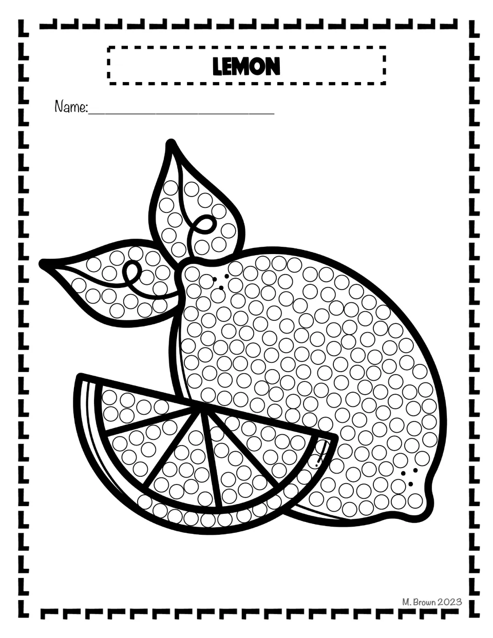 Lemon dot art: students fill the circles on a whole lemon, a lemon slice and two leaves with Q-tip paint dots