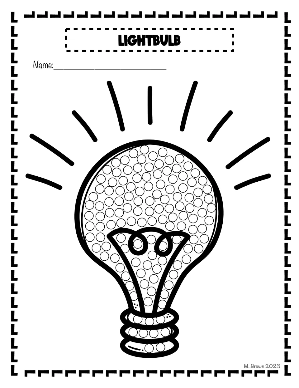 Lightbulb dot art: students dab paint into the circles inside a glowing lightbulb with light rays around it