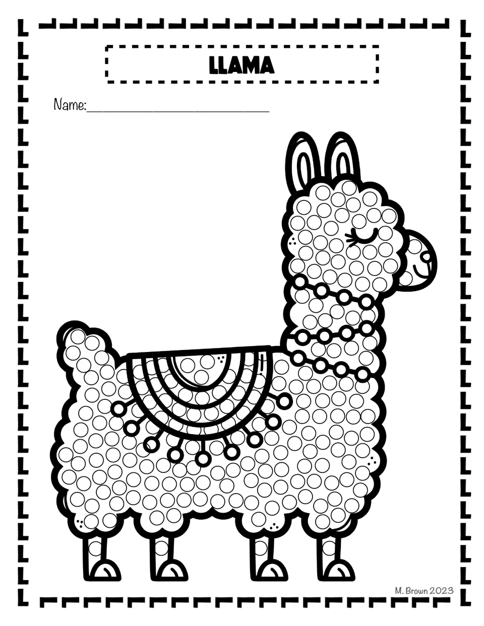 Llama dot art: students fill the circles on a fluffy llama wearing a blanket and bead necklace with Q-tip dots