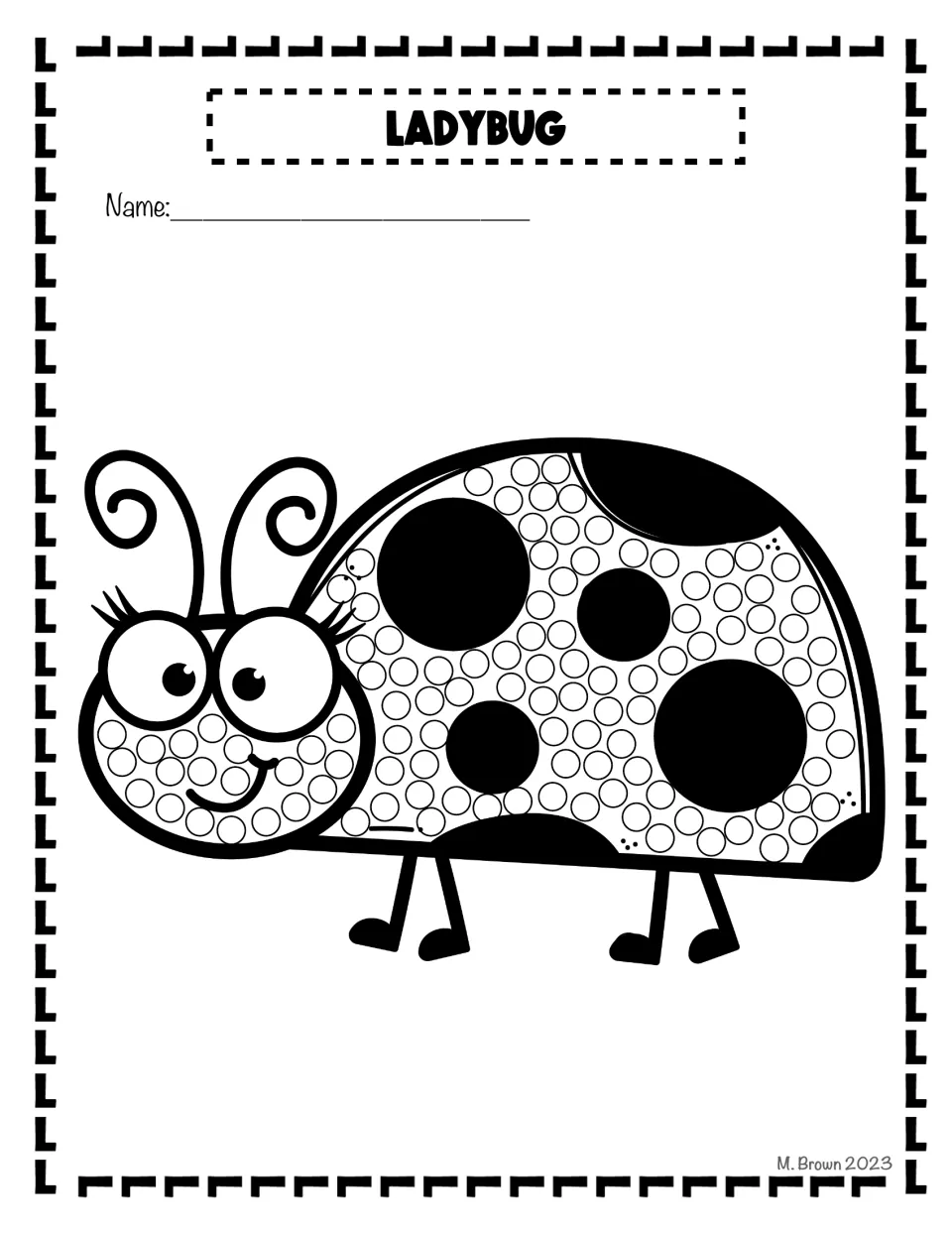 Ladybug dot art: students fill the small circles on a big-eyed ladybug's face and shell around its black spots