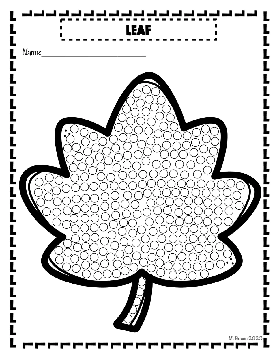 Leaf dot art: students dab paint into every circle on a large maple-style leaf and its stem, then add their name
