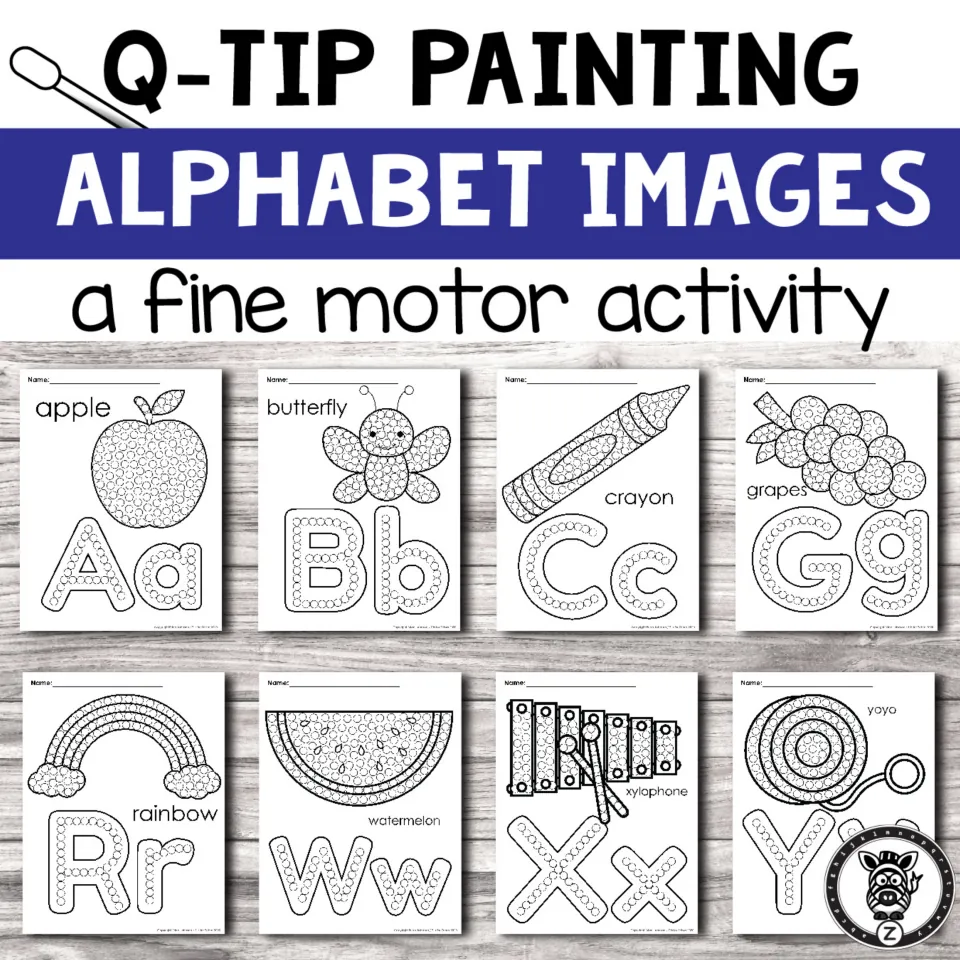 Q-Tip Painting Alphabet Images cover: a fine motor activity pairing letters like Aa, Bb and Yy with dotted pictures